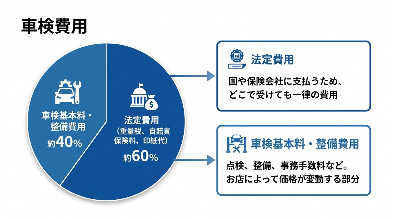 車検費用の内訳を示す図解。費用は国に支払う法定費用と、お店に支払う車検基本料・整備費用で構成されていることを示している。