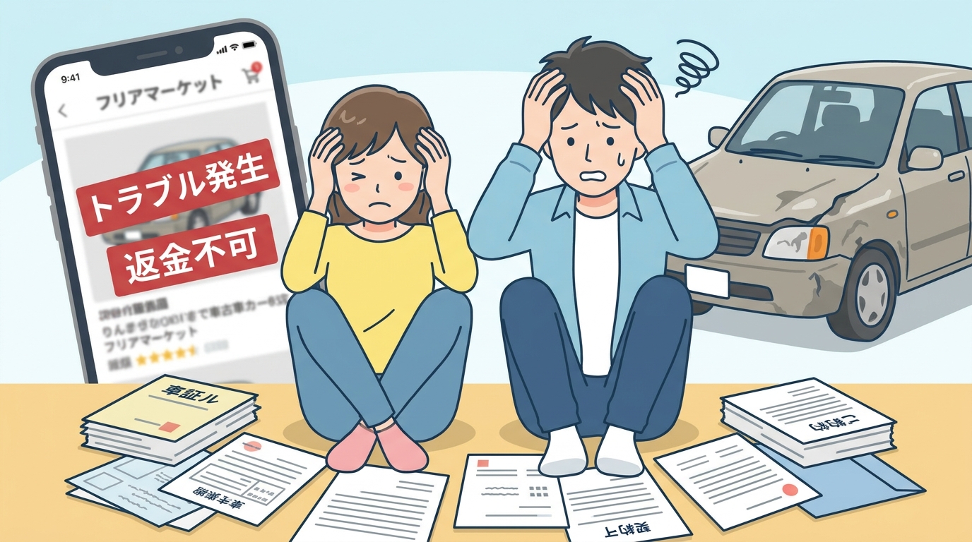 中古車の個人売買でトラブルになり頭を抱える夫婦のイラスト