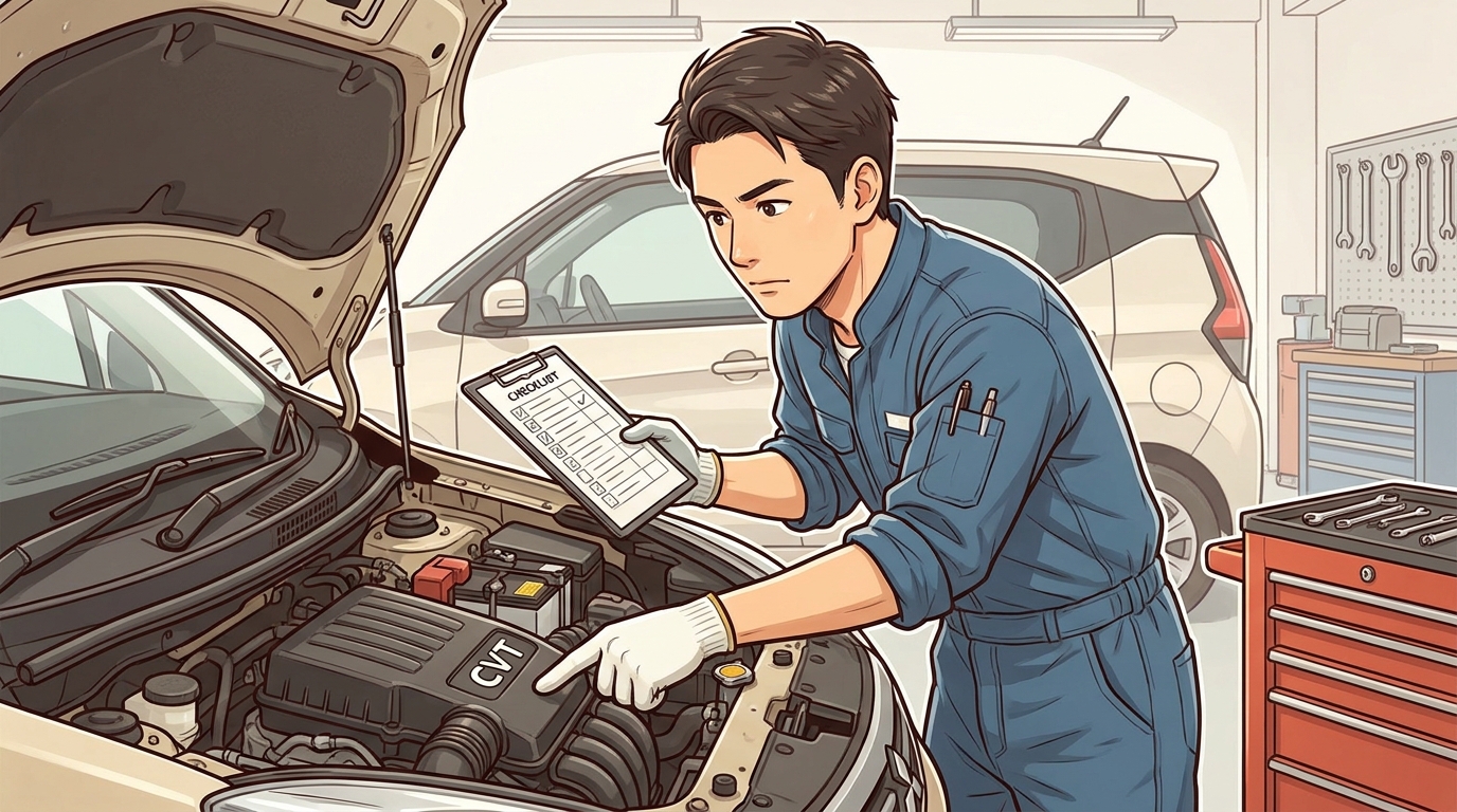 プロの整備士が三菱eKワゴンのCVTの状態を真剣にチェックしているイラスト