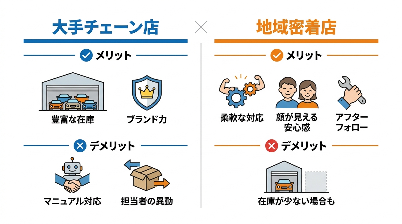 大手チェーン店と地域密着型の中古車販売店のメリット・デメリットを比較した図解