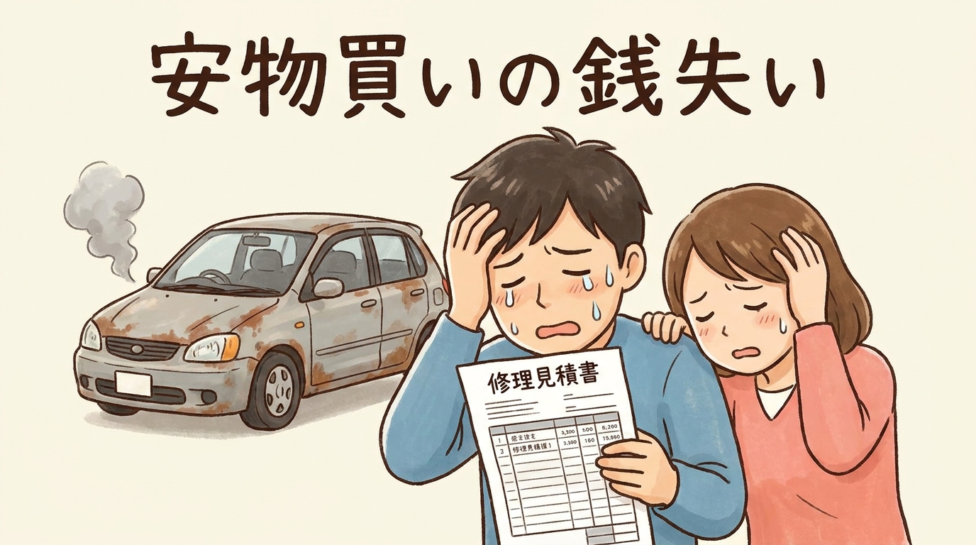 安易に中古車を選んでしまい、高額な修理費に頭を抱える夫婦のイラスト