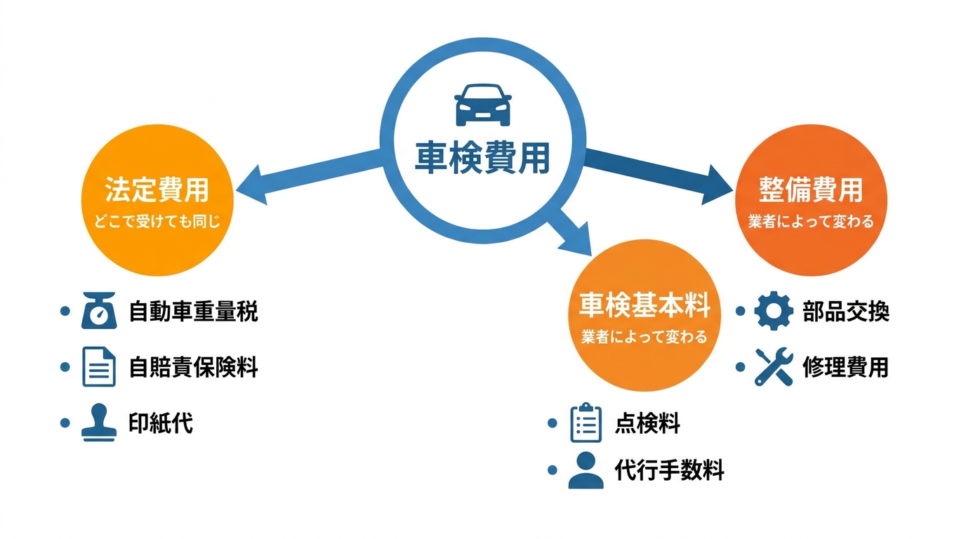 車検費用の内訳を図解したインフォグラフィック。「法定費用」「車検基本料」「整備費用」の3つで構成されていることが示されている。