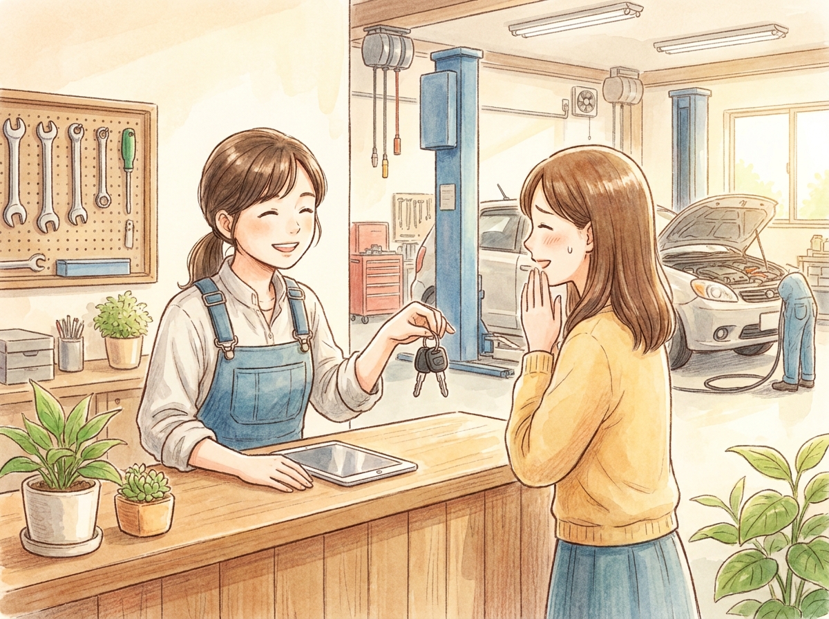 整備工場でスタッフから代車のキーを受け取り、安心している女性ドライバー。