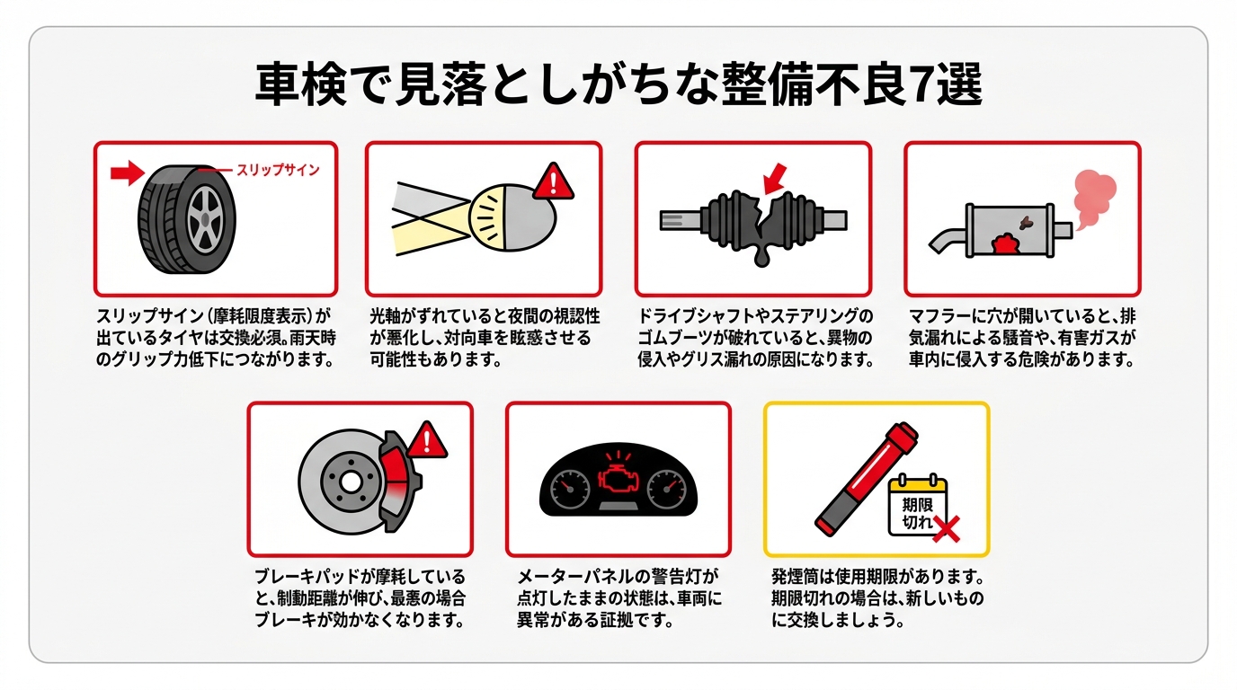 車検で不合格になりやすい7つの整備不良項目をアイコンとテキストで解説した図解。タイヤ、ライト、マフラーなどが含まれる。