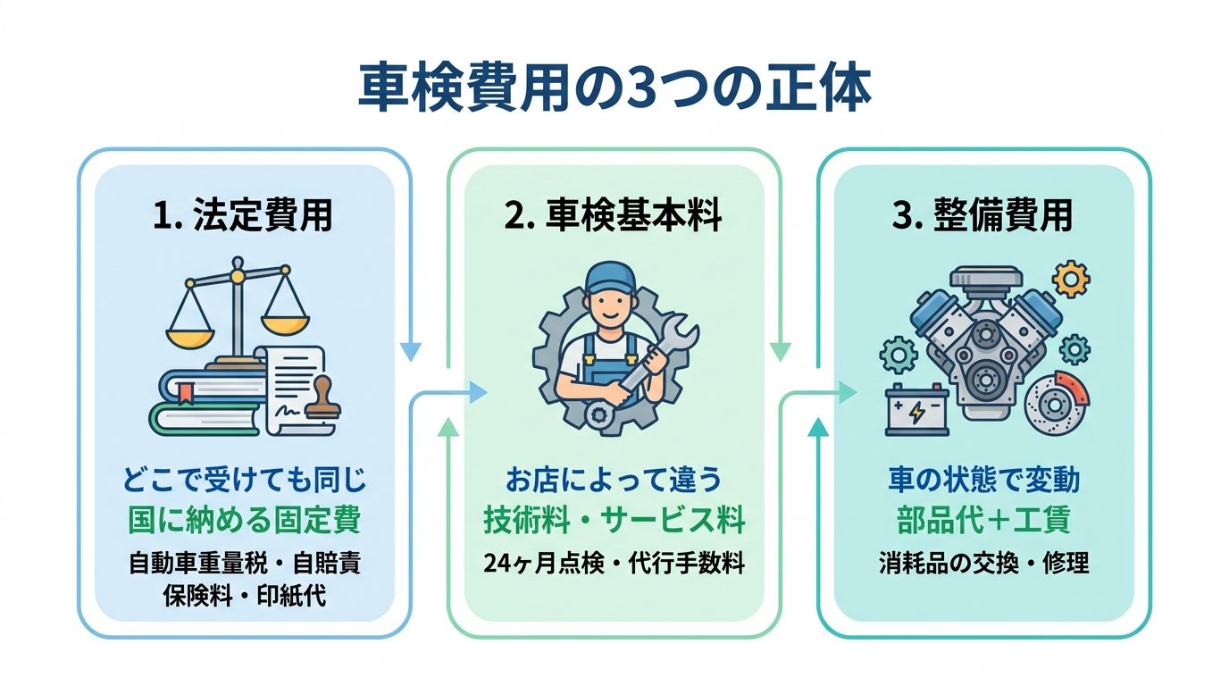車検費用を構成する「法定費用」「車検基本料」「整備費用」の3つの要素をアイコン付きで解説した図解。