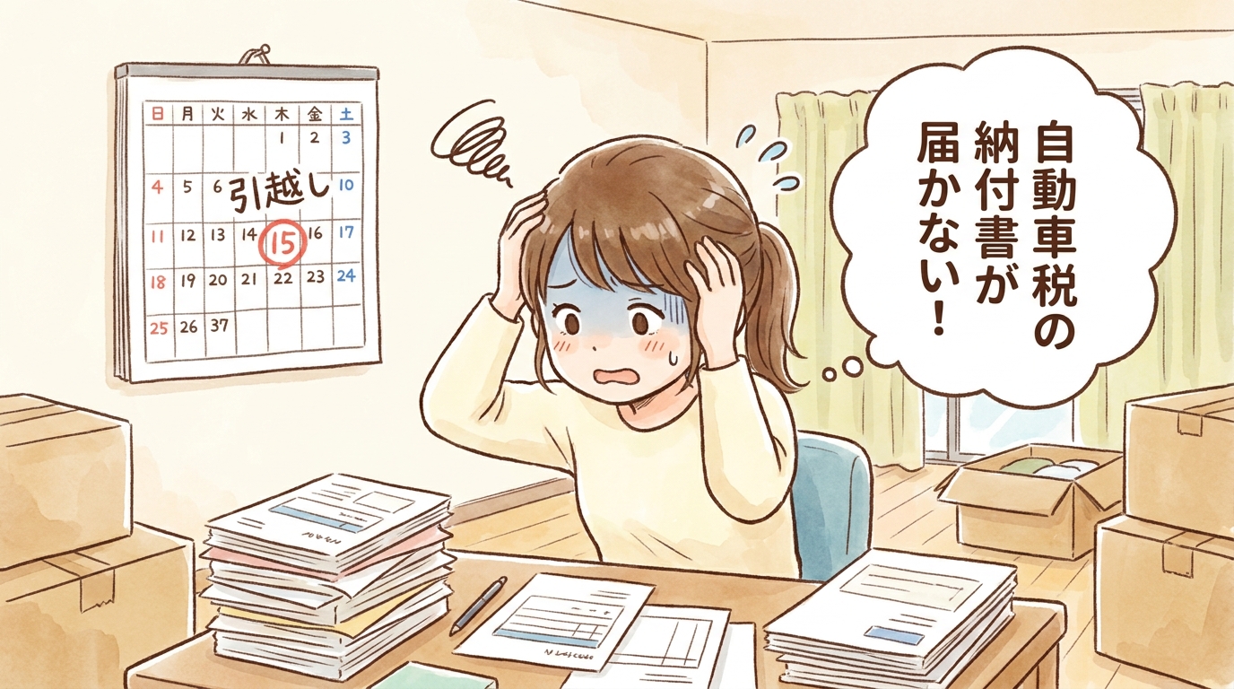 引越し後に車検証の住所変更を忘れ、自動車税の納付書が届かず困っている女性のイラスト