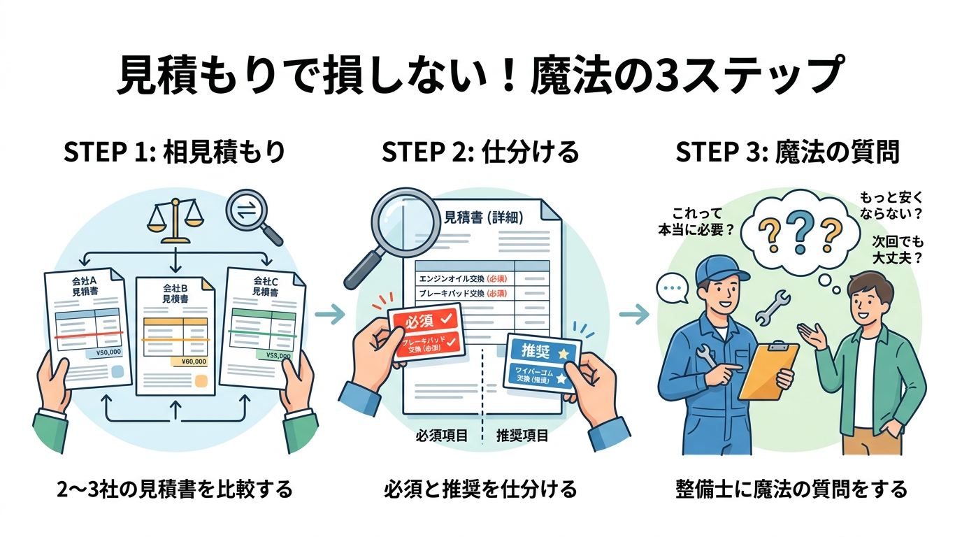 車検見積もりで損をしないための3つのステップ「相見積もり」「必須と推奨の仕分け」「魔法の質問」を図解したインフォグラフィック。